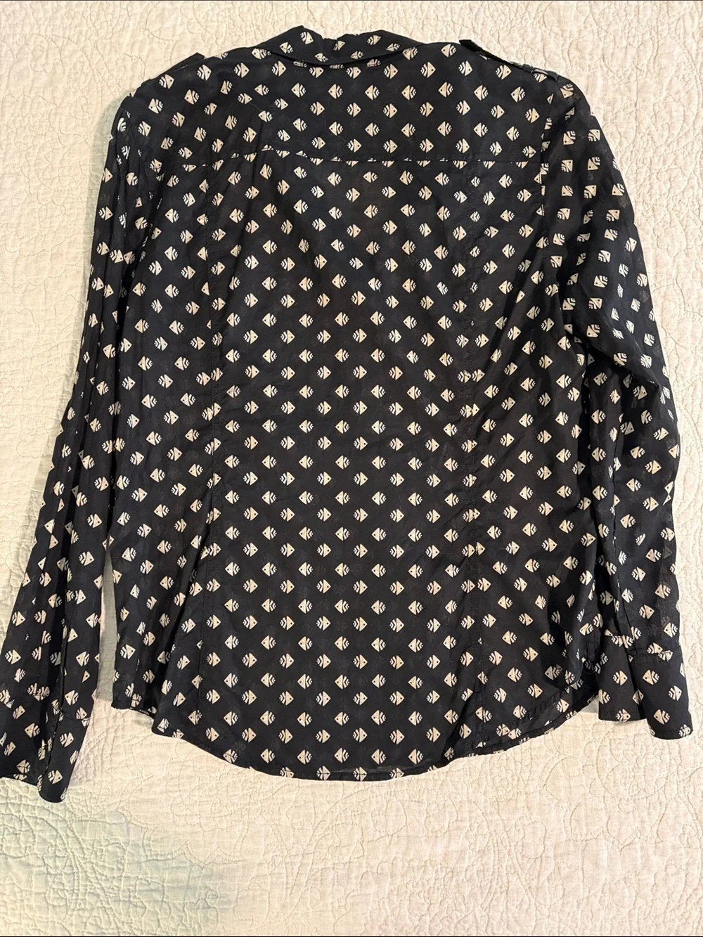 Tory Burch Lightweight Black Button-Down Blouse with Cream Geometric Fish Print
